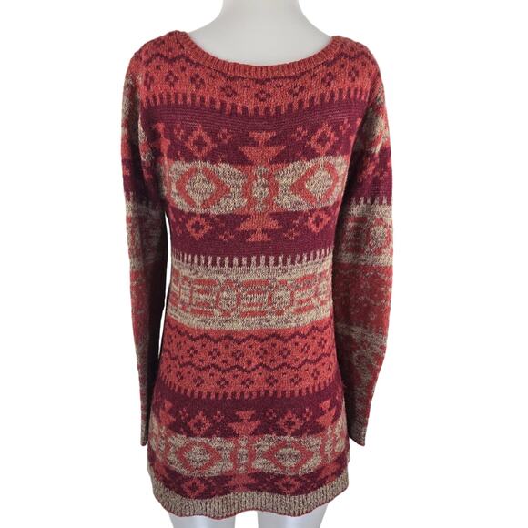 Free People Lightweight Wool Alpaca Blend Orange Red Tan Aztec Sweater L - Picture 2 of 4